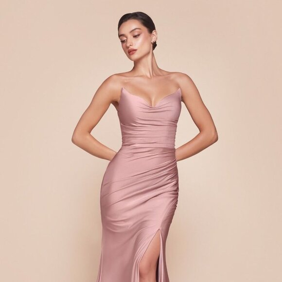 NEW STRAPLESS SHEATH SATIN DRESS W/ POINTED V-NECKLINE & SEXY LEG SLIT CD791 - Picture 3 of 6
